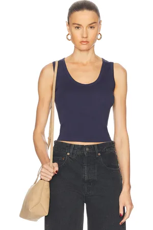 ENZA COSTA Supima Rib Baby Cropped Fitted U Tank Top in - Navy. Size L (also in M, S).