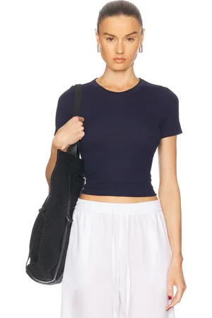ENZA COSTA Silk Knit Essential Short Sleeve Tee in - Navy. Size L (also in M, S, XS).