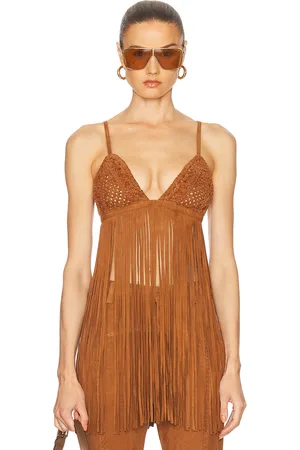 Retrofete Jacinta Suede Fringe Bra Top in - Brown. Size M (also in XS).