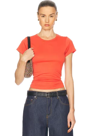 ÉTERNE Fitted Crewneck Short Sleeve Top in - Red. Size L (also in M, S, XL, XS).