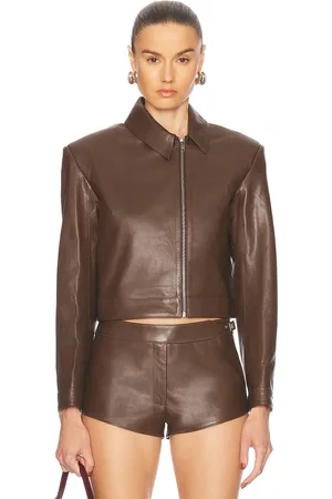 MIMCHIK Off Center Moto Jacket in - Brown. Size 0 (also in 2, 4, 6).