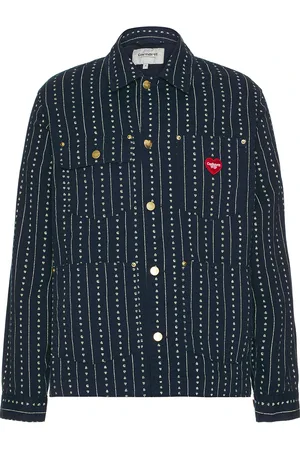 Carhartt Drewe Chore Coat in Rinsed Heart C Pinstripe Ink & Natural - Blue. Size L (also in M, S, XL/1X).