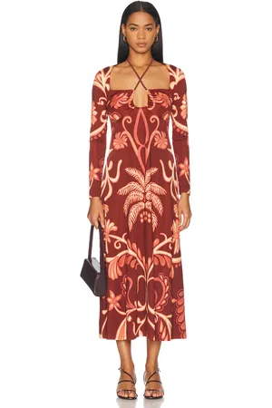 JOHANNA ORTIZ Festive Performance Ankle Dress in Tropical Suit Of Lights Wine Marsala & Ecru - Brick. Size 0 (also in 2, 4, 6, 8).
