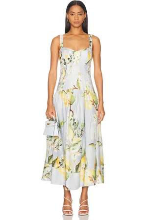 Nicholas Makenna Drop Waist Corset Midi Dress in - Baby Blue,Yellow. Size 0 (also in 10, 2).