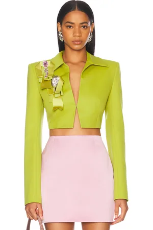 AREA Crystal Embellished Bow Cropped Jacket in - Green. Size 0 (also in 2, 4, 6, 8).