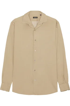 Ermenegildo Zegna Cotton And Linen Denim Shirt in - Taupe. Size M (also in XL/1X).