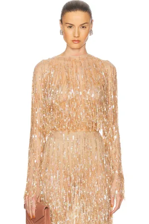 LAPOINTE Fringe Sequin Cropped Top in - Metallic Neutral. Size 4 (also in 2).
