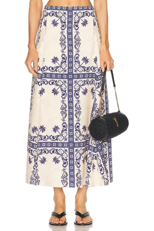 JOHANNA ORTIZ Lucena Ankle Skirt in Tropicalismo Andaluz Ecru & Blue - Blue. Size 2 (also in 4).
