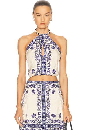 JOHANNA ORTIZ Cantos Andaluz Top in Tropicalismo Andaluz Ecru & Blue - Blue. Size 0 (also in 4).