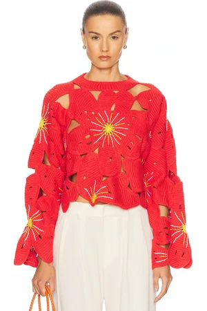 THE ELDER STATESMAN Flower Pullover Sweater in - Red. Size L (also in M, S).