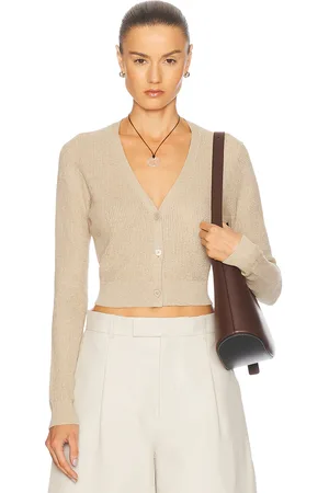 ENZA COSTA Linen Open Knit Cropped V-Neck Cardigan in - Beige. Size L (also in M, XS).