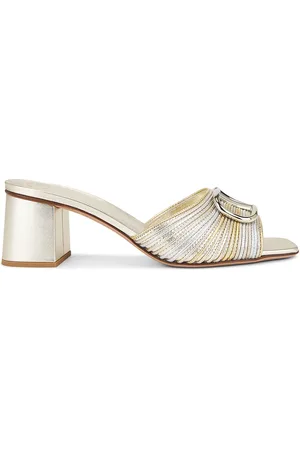 VALENTINO GARAVANI V Logo Signature Slide in Silver Platino & Antique Brass Light - Metallic Silver. Size 36.5 (also in 37, 37.5, 38, 39, 39.5, 40