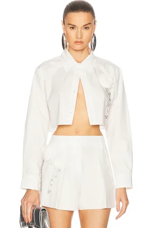 AREA Crystal Rosette Poplin Cropped Shirt in - Ivory. Size 0 (also in 2, 4, 6).