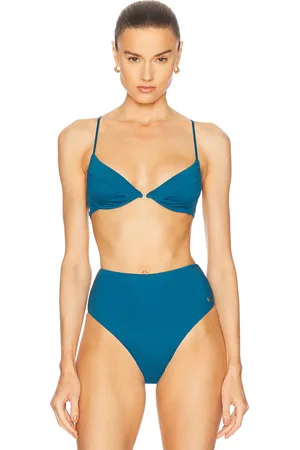 Kiki de Montparnasse Lace Up Demi Bikini Top in - Teal. Size L (also in M, S, XS).