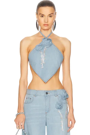 AREA Crystal Rosette Handkerchief Top in - Blue. Size L (also in M, S, XS).