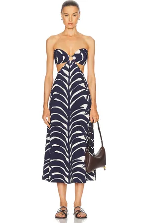 JOHANNA ORTIZ Ocean Layers Ankle Dress in Swim Palm Stripes Ecru & Blue - Navy. Size 4 (also in 8).