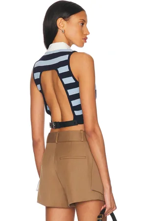 MONSE Leather Belt Back Cut-out Sleeveless Knitted Top in - Navy,Baby Blue. Size L (also in ).