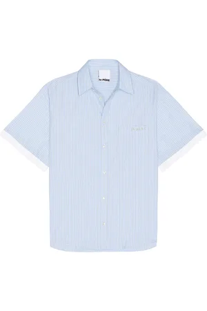 Le PÈRE Le Pre Double Short Sleeve Button Down Shirt in Blue in - Blue. Size L (also in M, S, XL/1X).