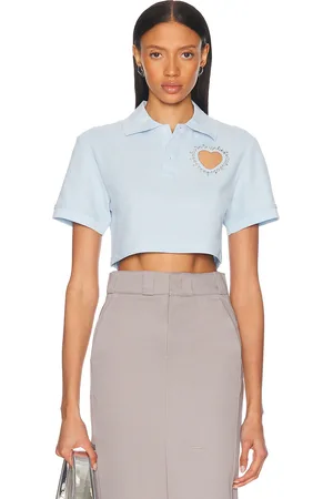 AREA Crystal Heart Cutout Cropped Polo Top in - . Size L (also in M, S, XL, XS).