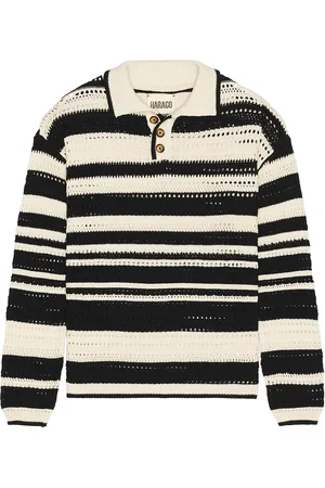 HARAGO Crochet Long Sleeve Polo Shirt in - White,Black. Size L (also in M, S, XL/1X).