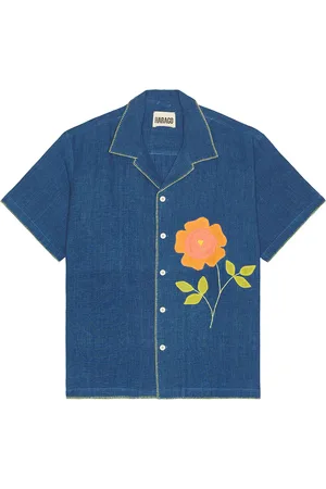 HARAGO Flower Applique Shirt in - Blue. Size M (also in S, XL/1X).