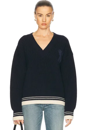 Ami Ribbed V Neck Sweater in - Navy. Size L (also in M, S).