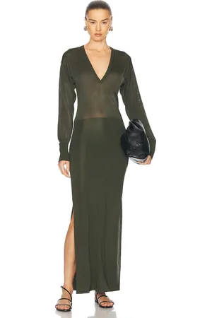 Ami V Neck Midi Dress in - Olive. Size L (also in M, S).