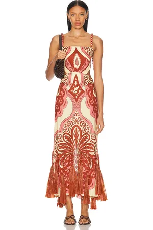 JOHANNA ORTIZ Counter Rhythm Ankle Dress in Palma Sevillana Ecru Red & Pink - Cream,Brick. Size 2 (also in ).