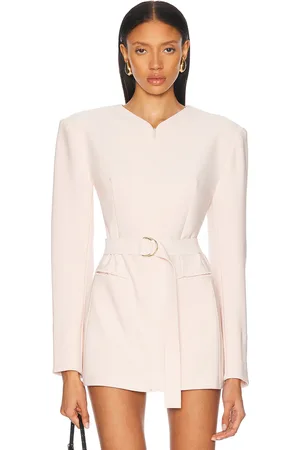 Norma Kamali Long Sleeve Shoulder Pad V Neck Zip Front Jacket in - Blush. Size L (also in M, S, XS).