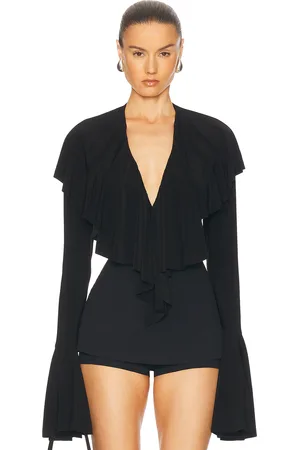 Norma Kamali Long Sleeve Deep V Ruffle Bodysuit in - . Size L (also in M, S, XL, XS).