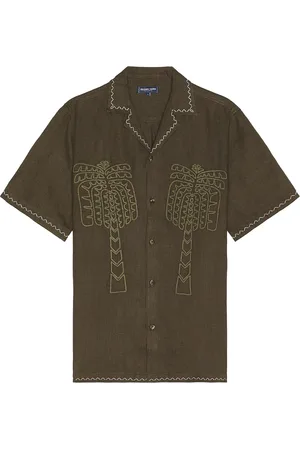 Frescobol Carioca Flavio Palmeira Embroidered Linen Shirt in - Olive. Size L (also in M, XL/1X).