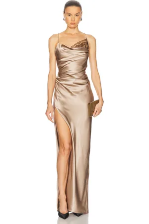 The Sei Lace Inset Cowl Gown in - Taupe. Size 0 (also in 2, 4, 6, 8).