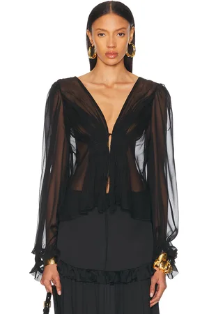 Saint Laurent Sheer Tie Front Blouse in - Black. Size 34 (also in 40).