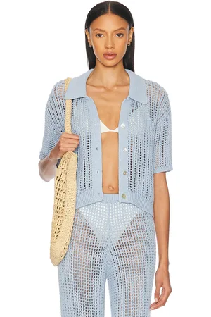 La Porte Ophelia Windowpane Knit Top in - Baby Blue. Size L (also in M, S, XS).