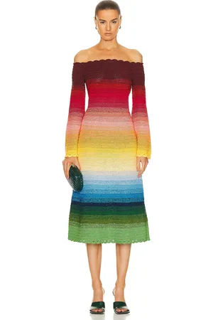 Oscar de la Renta Off Shoulder Ombre Crochet Knit Dress in - Red,Yellow. Size XS (also in ).