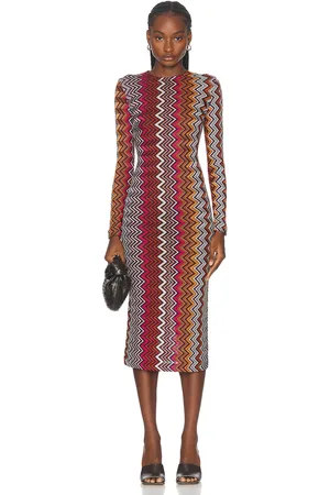 Missoni Long Sleeve Crewneck Midi Dress in Multicolor Black Pink White & Rust - Pink. Size 40 (also in ).
