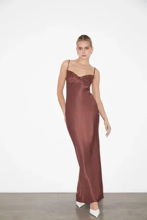 STUDIO Heidi Lace Underwire Slip Maxi Dress in Chocolate