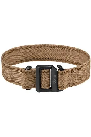 BOSS - Braided brown leather cuff with silver-tone compass plate