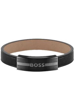 HUGO BOSS Leather cuff with metal enamel-filled-logo plate