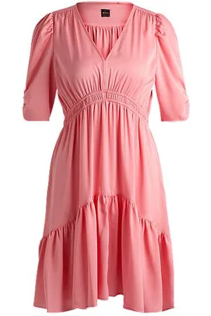 HUGO BOSS V-neck dress in hammered satin with volant hem