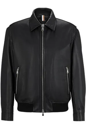 HUGO BOSS Regular-fit jacket in soft leather with stand collar