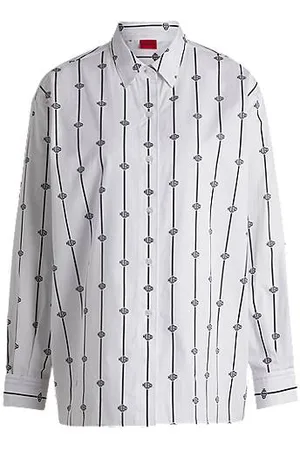 HUGO BOSS Oversized-fit blouse in logo-stripe cotton poplin