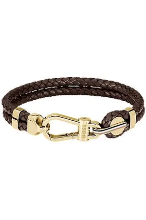 HUGO BOSS Brown braided-leather cuff with gold-tone carabiner closure
