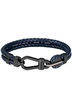 HUGO BOSS Blue braided-leather cuff with black carabiner closure
