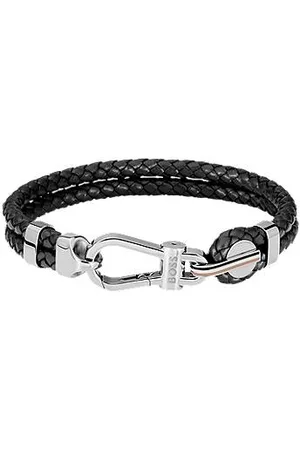 HUGO BOSS Braided-leather cuff with silver-tone carabiner closure