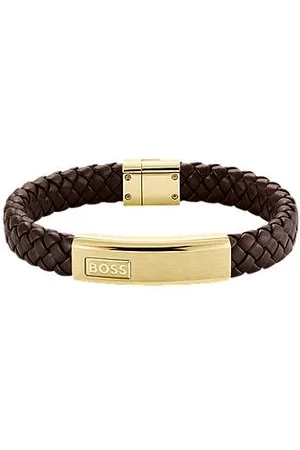 HUGO BOSS Brown braided-leather cuff with gold-tone logo plate