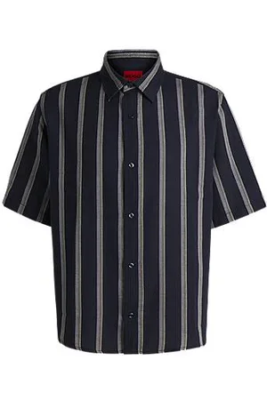 HUGO BOSS Loose-fit shirt in a striped open-weave cotton blend
