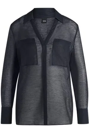 HUGO BOSS V-neck blouse in ramie with collar detail