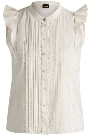 HUGO BOSS Regular-fit blouse in pleat-front cotton muslin