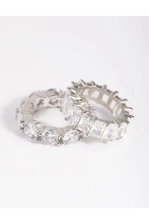 Lovisa Rhodium Cubic Zirconia Baguette Ring Stack Pack, Size: Medium/Large